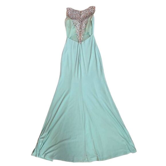La Femme Dresses & Skirts - La Femme Womens Sheer Back Embroidered Bodice Gown Maxi Dress Aqua Beige Size 00